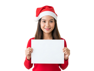 Young woman wearing santa hat holding blank sign for holiday greetings