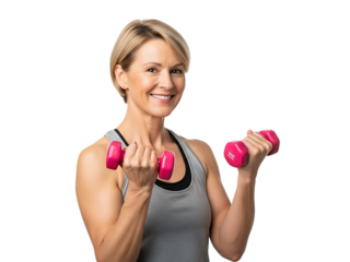 Fit woman holding pink dumbbells for strength training