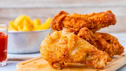 Crispy fried chicken pieces with french fries and ketchup