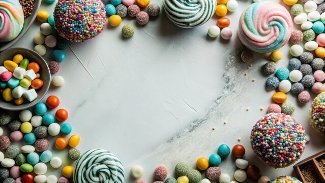 Colorful sweets arranged in a vibrant display on a pink background with a few scattered candies