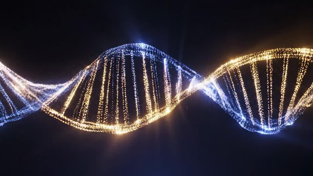 Seamless loop of glowing blue and gold particles streaming together, forming a synchronized helix spiral representing perfect energy harmony design, communication, fluid
