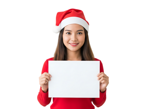 Young woman wearing santa hat holding blank sign for holiday greetings