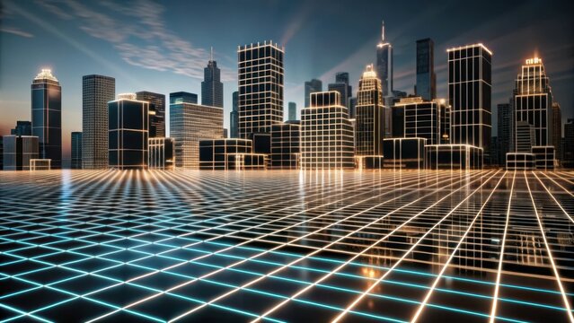 Futuristic cityscape with vibrant neon grid pattern background