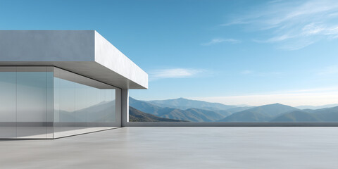 Modern structure with concrete floor and mountain backdrop. Building with large glass windows breathtaking panoramic view of majestic mountains and blue sky. Ideal background for product display.