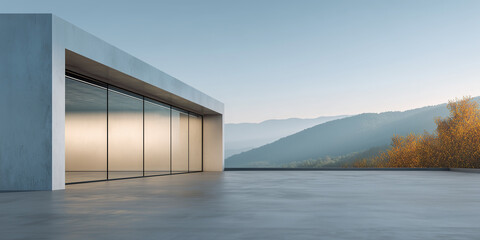 Contemporary building with large glass windows and clean concrete flooring, blending modern architecture with calm natural setting. Perfect background for product display, car park design, real estate