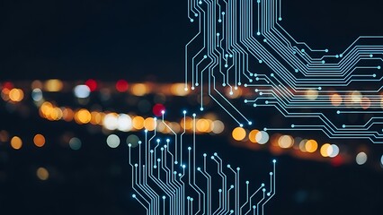 Futuristic Cityscape with Glowing Circuit Board Overlay representing Technology and Innovation depicting Connection and Digitalization on a Blurred Urban Background at Night