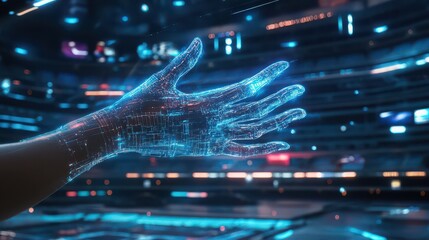 Futuristic Hand Interacting With Holographic Digital Cube