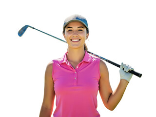 Smiling woman golfer holding club on black background