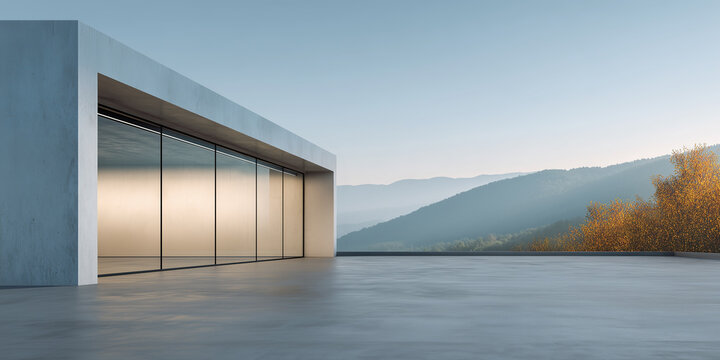 Contemporary building with large glass windows and clean concrete flooring, blending modern architecture with calm natural setting. Perfect background for product display, car park design, real estate