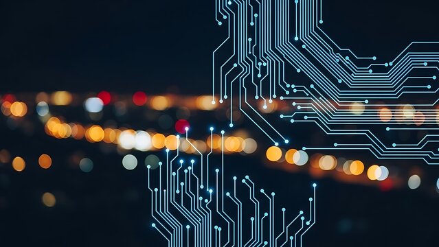Futuristic Cityscape with Glowing Circuit Board Overlay representing Technology and Innovation depicting Connection and Digitalization on a Blurred Urban Background at Night