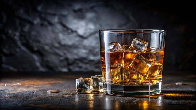 Close-up of a glass of whiskey on the rocks with ice cubes