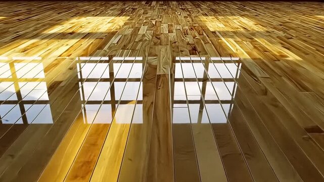 Dynamic Wood Floor Reflection with Window Light Transition, Subtle and Elegant Design