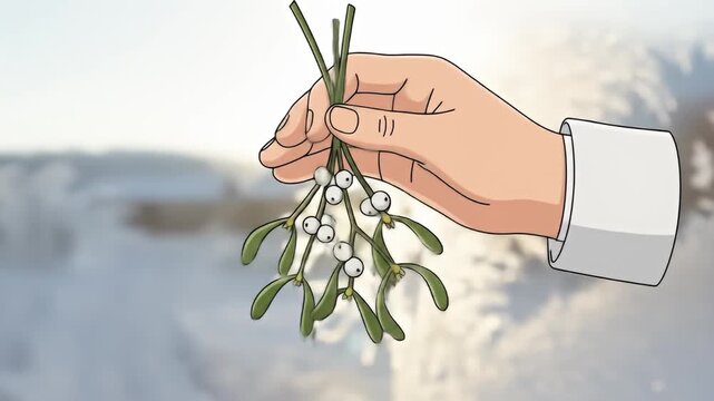 Hand holding mistletoe against a snowy background.