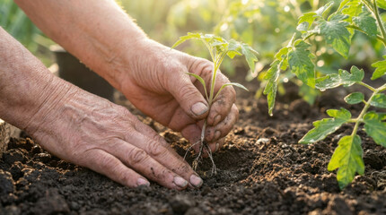 Tender sun drenched close up focusing on elder hands planting young seedling in rich soil, symbolizing care and growth
