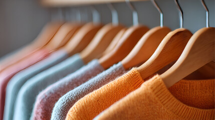Colorful sweaters hanging on wooden hangers in a well-lit clothing store, showcasing various textures and styles, creating a cozy shopping atmosphere with vibrant hues