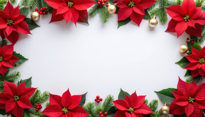 Christmas decoration. Frame of flowers of red poinsettia, branch christmas tree, ball, red berry on a white background with copy space