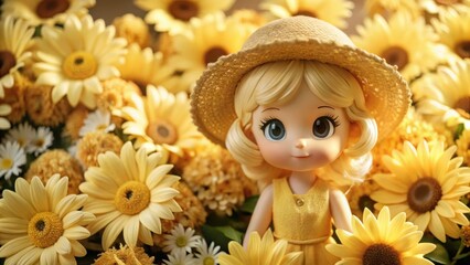 Cartoon style character with blonde hair wearing a yellow sundress and surrounded by bright flowers