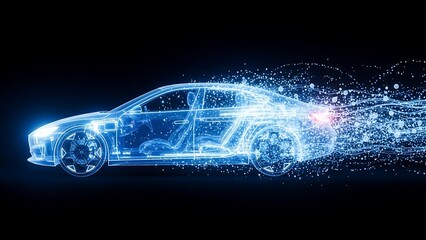 Futuristic Electric Car Concept with Glowing Outline and Data Stream Showing Innovation and Advanced Technology for a Sustainable Future and Automotive Design