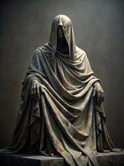 Naklejka premium Weathered stone statue draped in hooded robes
