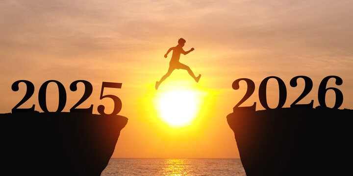 New Year 2026, Inspiration and progress towards new success. silhouette of a people jumping out off a cliff with the number 2025, heading towards the number 2026. new year goals and challenge  concept