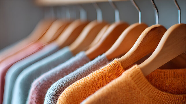 Colorful sweaters hanging on wooden hangers in a well-lit clothing store, showcasing various textures and styles, creating a cozy shopping atmosphere with vibrant hues - Powered by Adobe