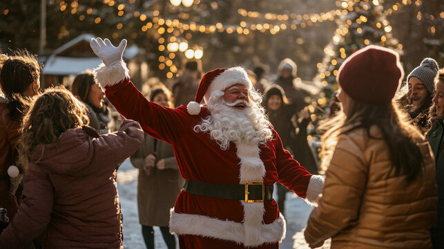 Santa claus joyfully greets a crowd at a festive outdoor christmas market during the holiday season