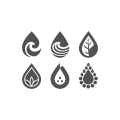 Monochrome Water Droplet Icons with Nature and Wave Motifs