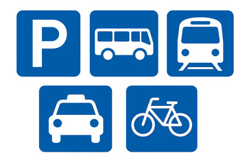 Collection of public transportation and parking service icons presented in blue squares for navigation and signage