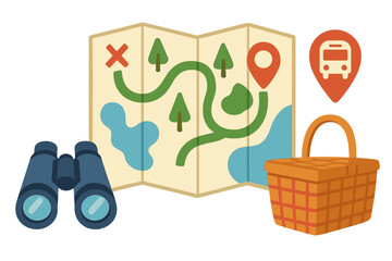 Folded map, binoculars, picnic basket, and bus location pin for outdoor adventure