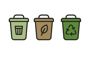 Set of icons showing colored bins for general, organic, and recyclable waste sorting