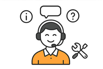 Smiling customer service agent wearing a headset surrounded by technical support icons