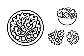 Minimalist black and white icons of healthy vegetable salad and fresh ingredients