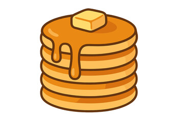 Golden pancakes stack topped with melting butter and dripping maple syrup