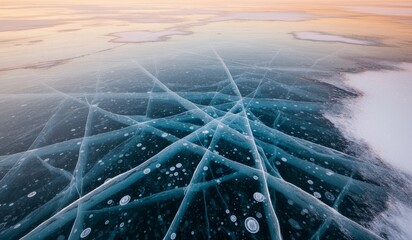 Frozen beauty reveals nature's art on a tranquil winter lake at sunset