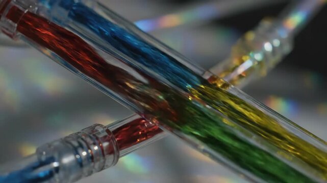 Macro shot of crossed colorful glass tubes with rainbow diffraction