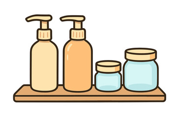 Assortment of cosmetic pump bottles and cream jars resting on a simple wooden bathroom shelf