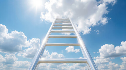 Shining metal ladder extends upward into bright blue sky filled with fluffy white clouds, symbolizing aspiration and hope