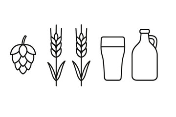 Essential beer brewing ingredients and containers: hops, barley, pint glass, and growler