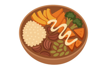 Colorful vegan Buddha bowl with rice, roasted vegetables, and creamy dressing