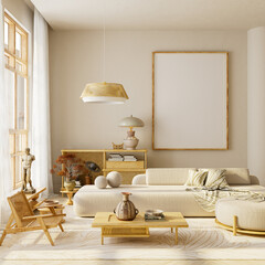 Minimal Japandi living room mock-up scene with cozy sofa, coffee table, and empty wall space for text, poster, or branding display, bathed in bright natural daylight. 3D illustration.