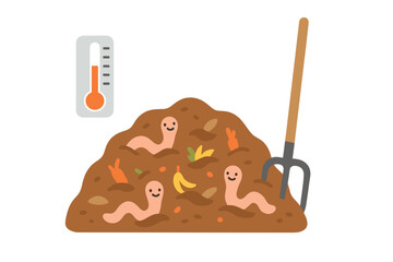 Vermicomposting process with earthworms breaking down organic waste monitored by a thermometer © icon_art