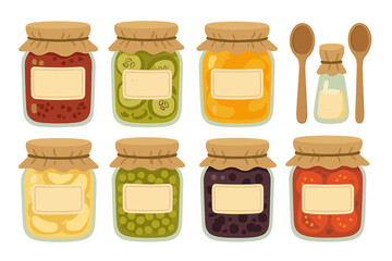 Colorful glass jars filled with homemade preserves, pickles, jams, and canned goods