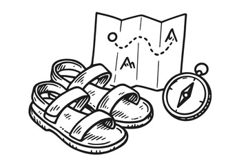 Outdoor adventure gear including hiking sandals, folded route map, and directional compass