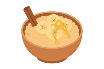 Healthy breakfast bowl of oatmeal topped with banana slices, honey, and cinnamon stick