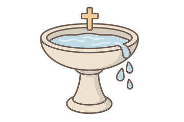 Traditional baptismal font filled with holy water and topped with a Christian cross symbol