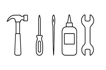 Essential maintenance and DIY tools including hammer wrench and adhesive