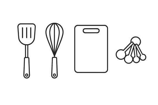 Outline symbols representing essential kitchen cooking tools and baking equipment