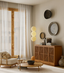 Minimal reading corner with cozy armchair, wooden cabinet, floor lamp, and soft beige tones, illuminated by natural light for a warm and serene atmosphere. 3D illustration.