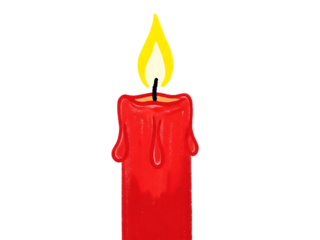 A single lit red candle with a bright flame on a black background