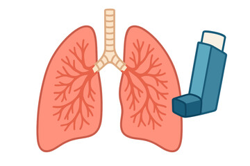 Human lungs with bronchial tubes and a blue asthma inhaler for respiratory disease treatment
